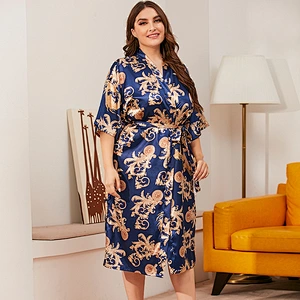 New Arrive Summer Satin Silk Women Robe Plus Size Printed Ice Silk Robe Long Pyjamas