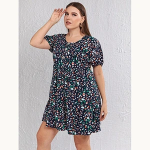 2021 New Plus Allover Print Button Front Puff Sleeve Dress Printed Dress O Neck