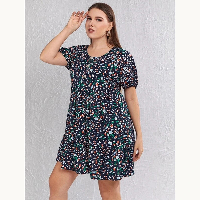 2021 New Plus Allover Print Button Front Puff Sleeve Dress Printed Dress O Neck