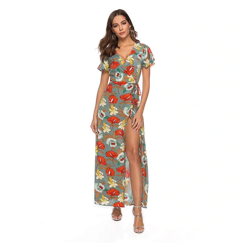 2021 Summer new Bohemian V-neck long print slit dress chiffon beach dress