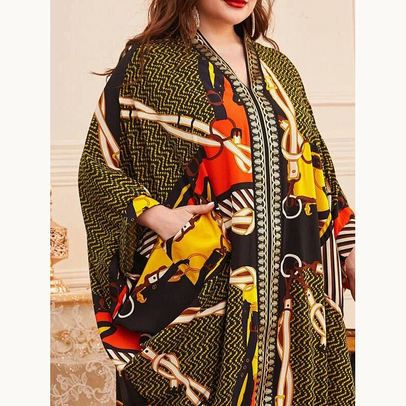 2021 New Plus Chevron And Chain Print Kaftan Dress