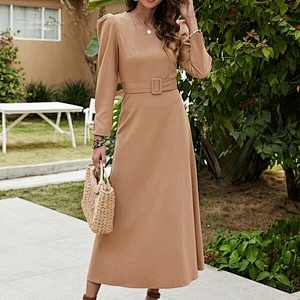 2021 New Arrival Solid Belted A-line Dress Fashion Office Lady Dress
