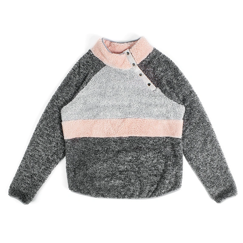 Custom Womens Color Block Sweatshirt Button Skew Collar Oversized Sherpa Fleece Pullover