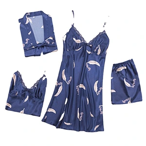 2021 New Arrivel  Satin Slik Pajamas Dress 4 piece Plus Size Vest Short Pants Casual Robe