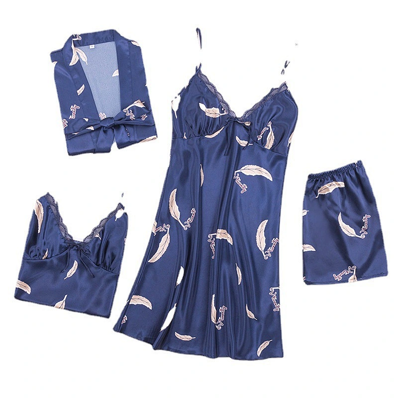 2021 New Arrivel  Satin Slik Pajamas Dress 4 piece Plus Size Vest Short Pants Casual Robe