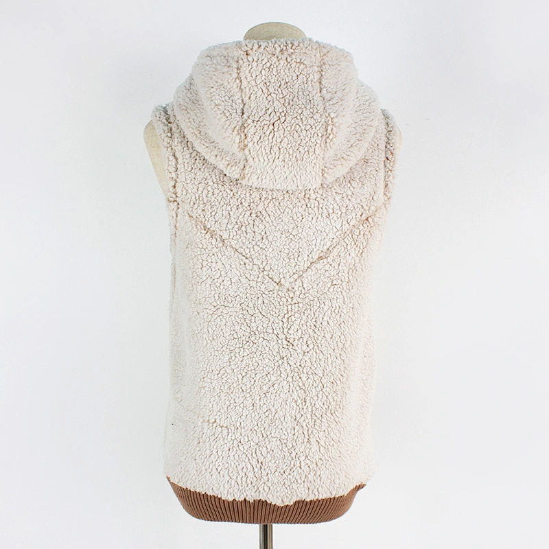 Factory Direct Winter Warm Teddy Waistcoat Beige Full Zip Sleeveless Hooded Sherpa Fleece Vest