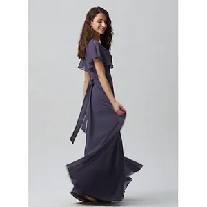 OEM Manufactory Customized  A Line V Neck Floor Length Bridesmaid Dress   Back Bow Tie Chiffon Evening Dress