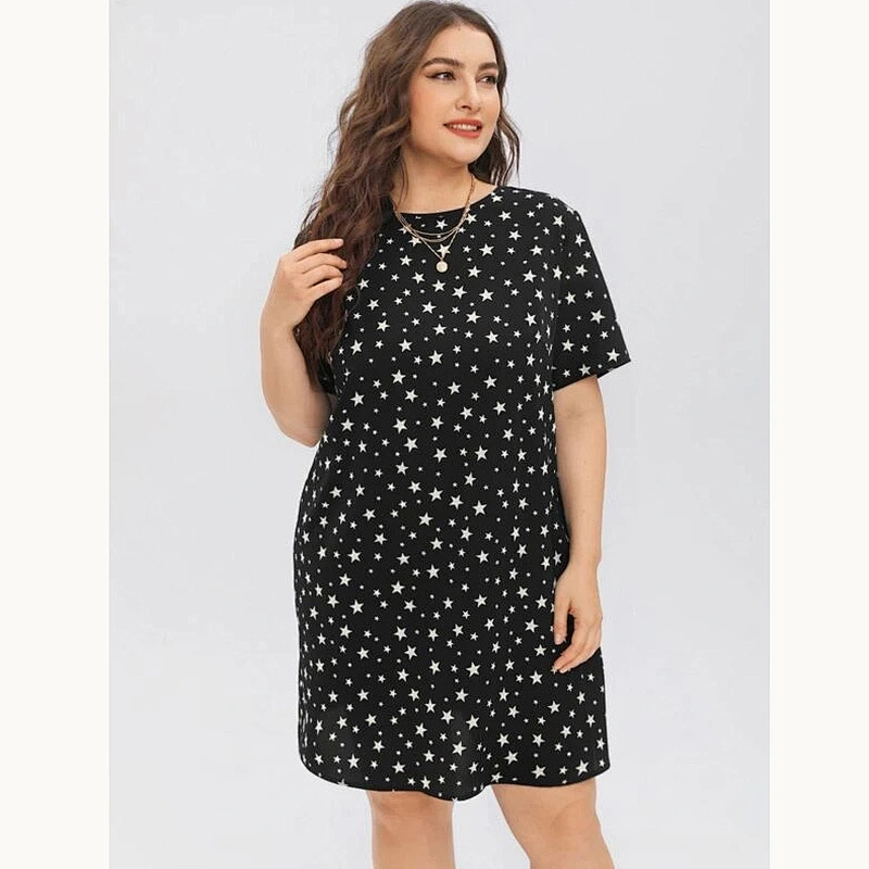 2021 New Plus Tied V-back Star Dress Printed Dress O Neck