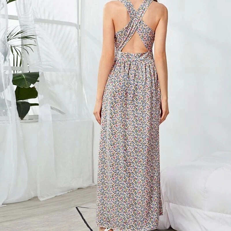 2021 New Arrival Crisscross Back Split Thigh Ditsy Floral Dress Street Style Fashion Dress