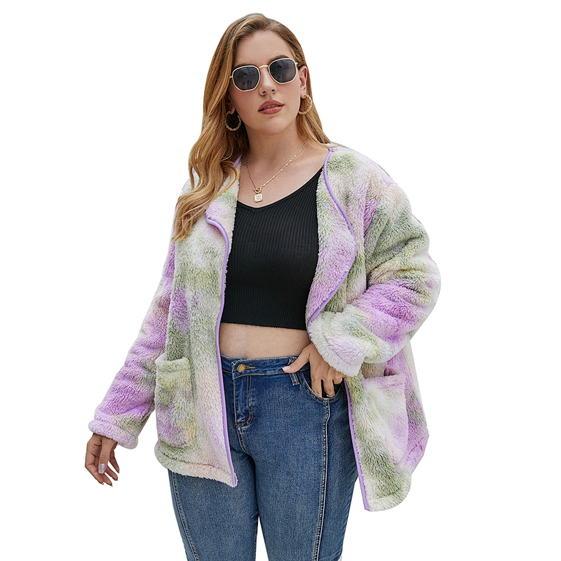 Womens Plus Size (L-5XL) Front Open Tie Dyed Sherpa Fleece Pullover, Oversized Tie Dye Teddy Coat