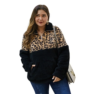 Kangaroo Pocket Womens Oversized Sweatshirt Fuzzy 1/4 zipper Plus Size Leopard Print Sherpa Fleece Pullover