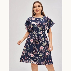2021 New Plus Butterfly Sleeve Belted Tropical Print Dress