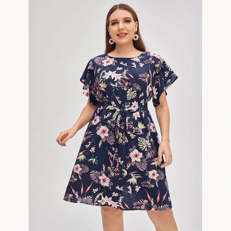 2021 New Plus Butterfly Sleeve Belted Tropical Print Dress