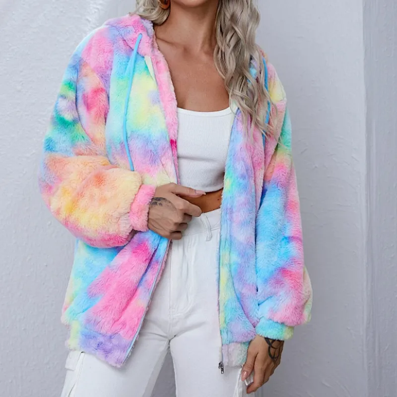 Womens Fuzzy Drawstring Teddy Coat Jacket Full Zip Tie Dye Sherpa Fleece Hoodies