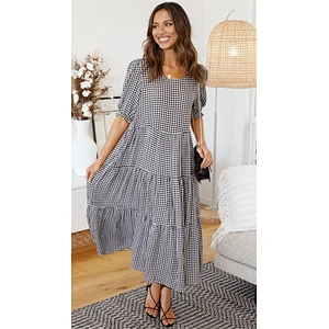 2021 Amazon bubble Sleeve Plaid Polkdot Splicing Loose Dress for Spring Summer