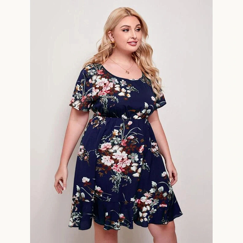 2021 New Plus Ruffle Hem Floral Print Dress Printed Dress O Neck