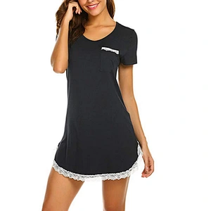 2021Amazon AliExpress Women's Pyjamas New Pocket Lace Cotton Skin-friendly Home Dress Middle Skirt