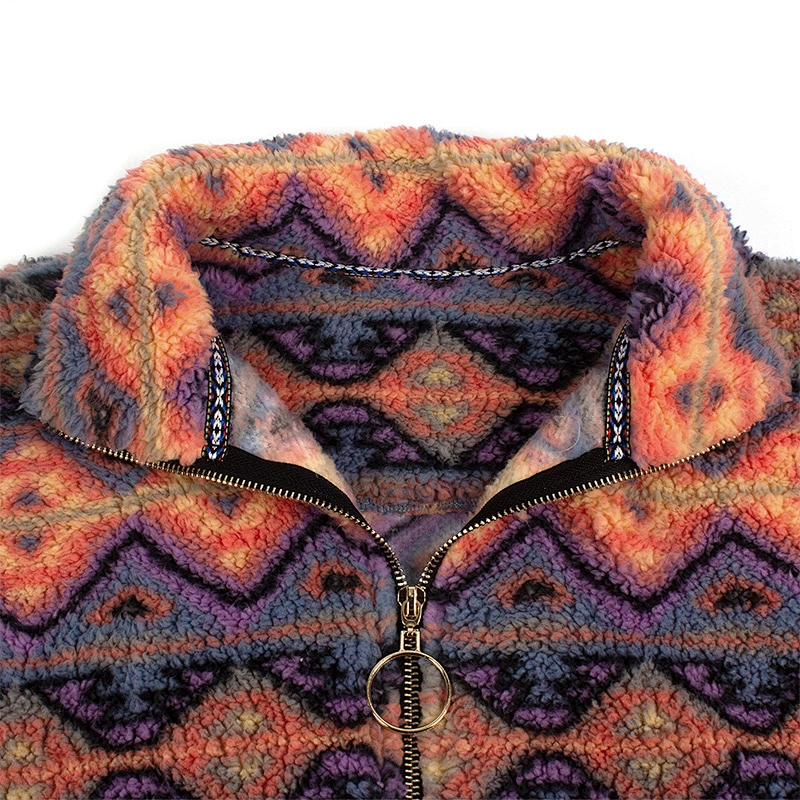 Women's Fuzzy Bold Chevron Pattern Sweatershirt Quarter-zip Sherpa Fleece Pullover
