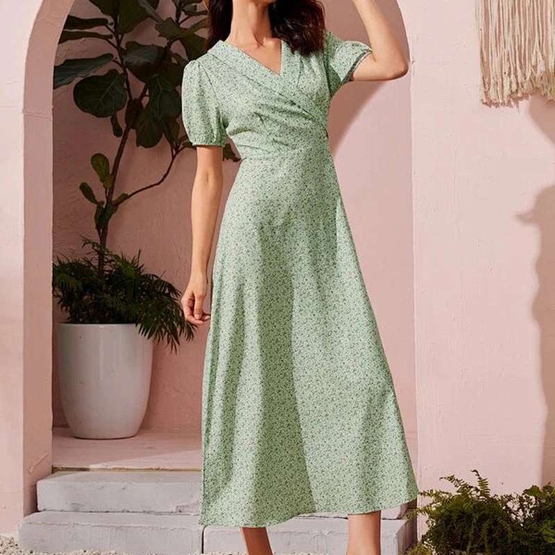 2021 New Arrival Ditsy Floral Puff Sleeve A-line Dress Ladies Dresses Elegant