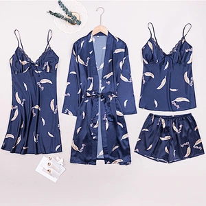 2021 New Arrivel  Satin Slik Pajamas Dress 4 piece Plus Size Vest Short Pants Casual Robe