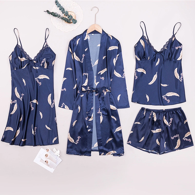 2021 New Arrivel  Satin Slik Pajamas Dress 4 piece Plus Size Vest Short Pants Casual Robe