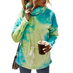 Direct Factory Womens Lambs Wool  Front Belt Teddy Coat High Stand Collar Tie Dye Sherpa Fleece Pullover