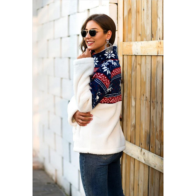 2021 Christmas Womens Patchwork Sweatshirt Turtleneck Quarter Zip Sherpa Fleece Outwear Pullover