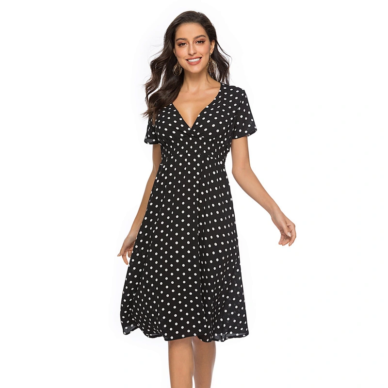 2021New chiffon beach skirt printed V-neck short sleeve dress Bohemian skirt