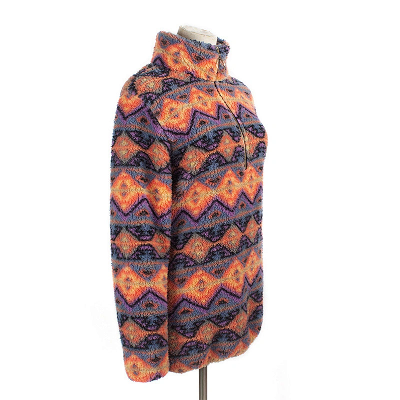 Women's Fuzzy Bold Chevron Pattern Sweatershirt Quarter-zip Sherpa Fleece Pullover
