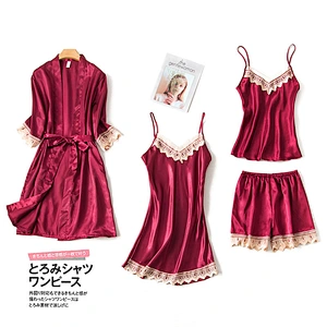 2021Amazon pajamas set 4pcs ice silk pajamas with chest sexy pajamas