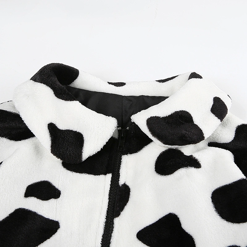 Cow Print Womens Turn-down Collar ZIP-UP Jacket Sherpa Cropped Zip-up Bomber Jacket Pullover