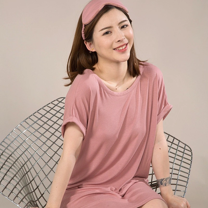 New Customized spring summer women nightgown ribbed short sleeve loose nightdress slub Crisscross backneck Knit pyjamas