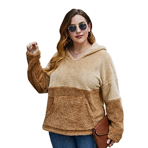 Kangaroo Pocket Womens  Oversized Sweatshirt Fuzzy Lapel Plus Size Patchwork Sherpa Fleece hoodies