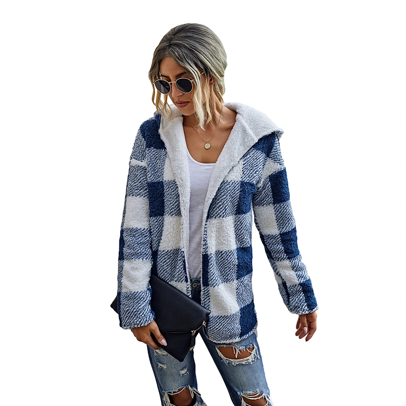 Womens Winter Autumn Patchwork Plaid Reversible Sherpa Fleece Hoodie Pullover