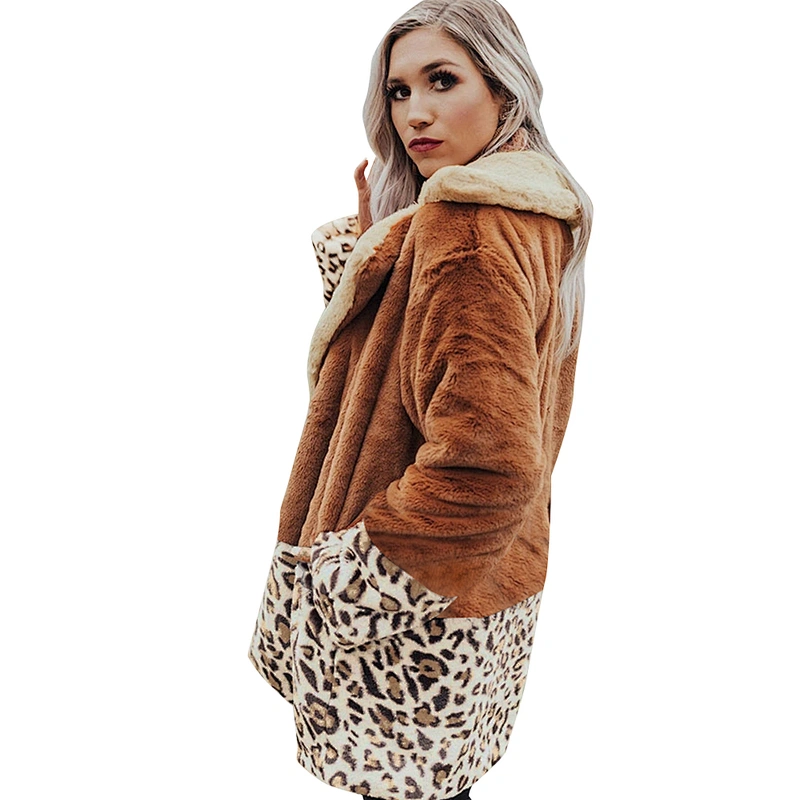 Womens Leopard Print Faux Fur Jacket Lapel Collar Sherpa Fleece Pullover with Pockets