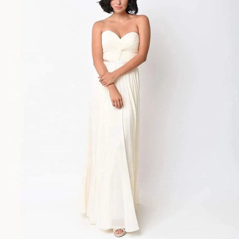 Factory Price Latest  Cream Color Chiffon Strapless Long Gown Evning Dress Ruffle Socialite Style