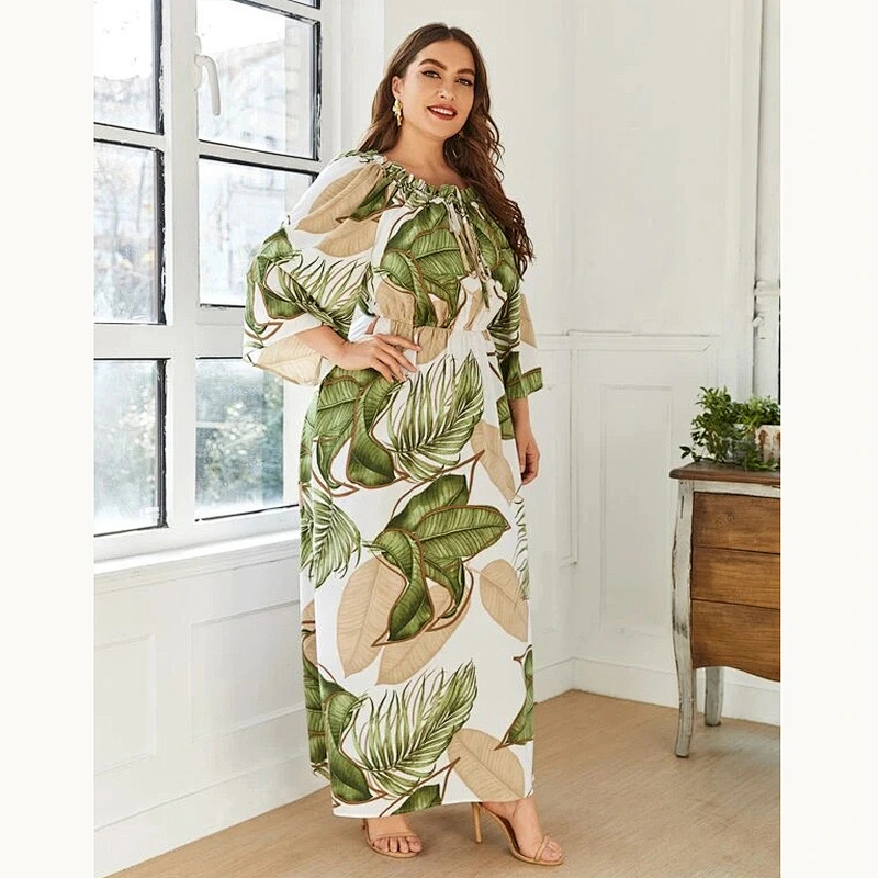 2021 New Plus Tropical Print Frill Trim Maxi Dress