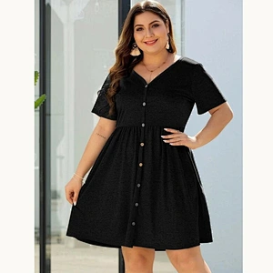 2021 New Plus Button Front V-neck Dress
