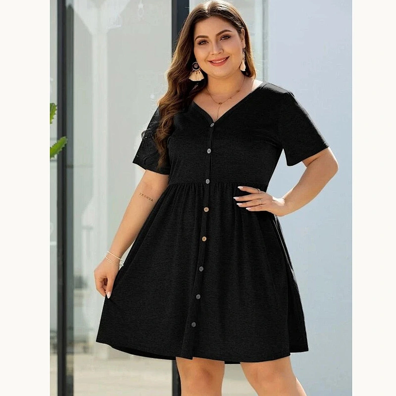 2021 New Plus Button Front V-neck Dress