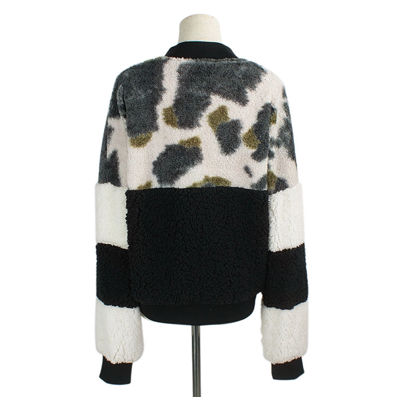 Custom Womens Fuzzy Cow Print Zip-Up Teddy Sherpa Fleece Jacket Pullover