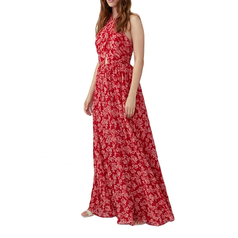 New design Manufacturers Twist Neck Halter Full Skirt back neck invisible zipper evening dress polyester light georgette