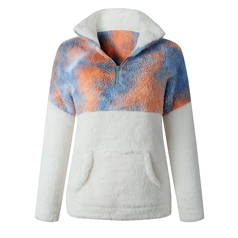 Womens Zipper Hoodies Sweatshirts Tie dye Patchwork Sherpa Fleece Jumpers Pullover with Front Pocket