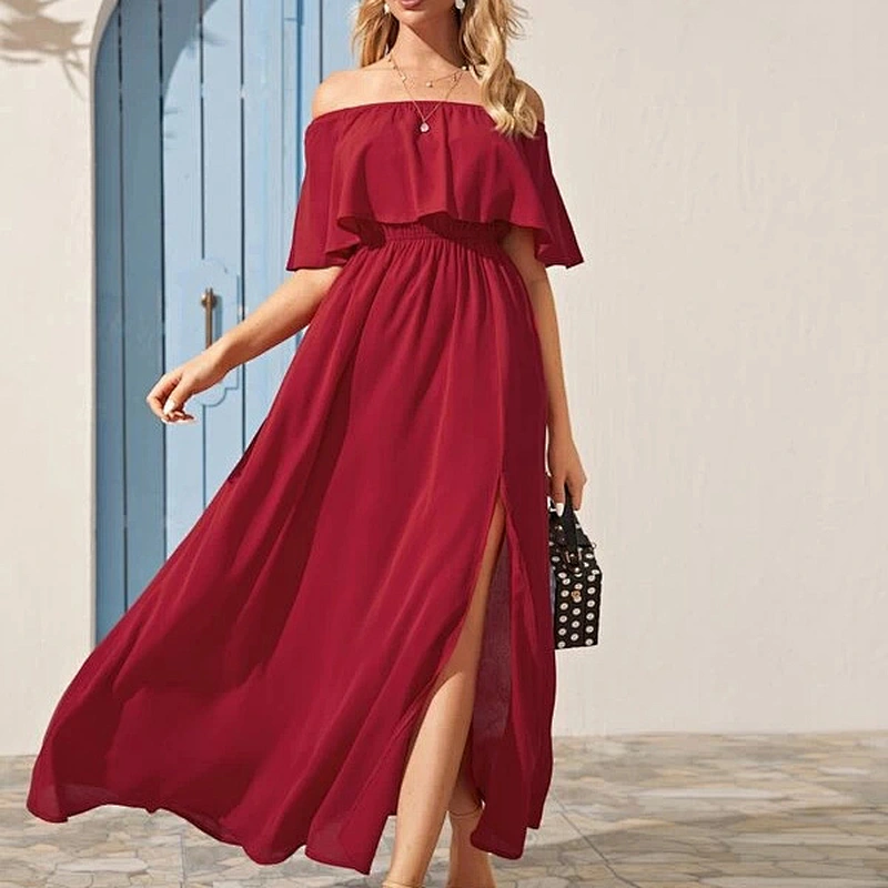 2021 New Arrival Split Thigh Ruffle Trim Bardot Dress Casual Dress Party Dress