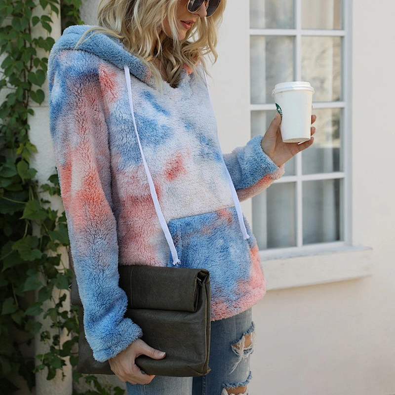 YIWU Factory Lambs Wool V Neck Sweatshirts Hoodies Tie Dye Sherpa Fleece Hoodie Pullover with Pocket