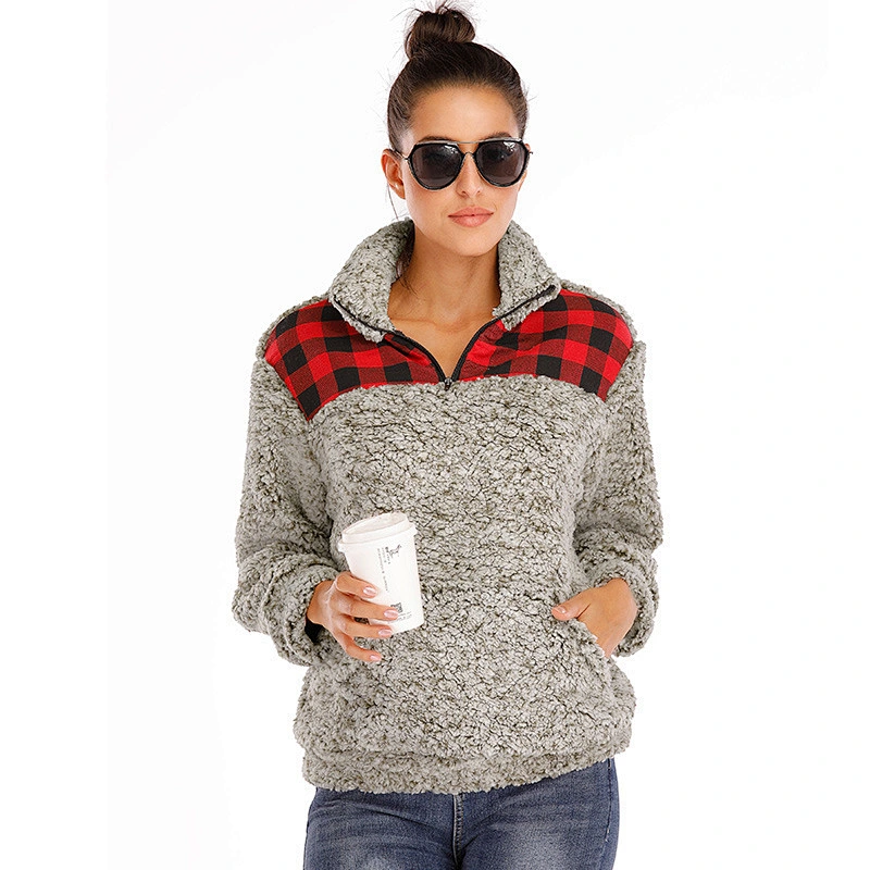 Womens Plaid Patchwork Sweatshirt Sherpa Turtle Collar Zipper Fleece Pullover