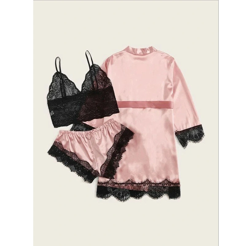 2021Amazon Womens pajamas  Silk pajamas set 3pcs Floral lace Trim Satin with robe