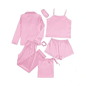 2021Amazon Women's Pajamas Set 7pcs Silk Pajamas  Satin Sleepwear Loungewear Cami Shirt