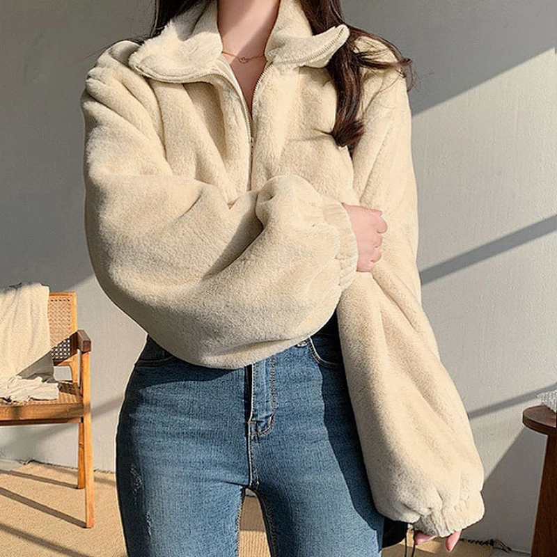 YIWU Factory Womens Turn-down Collar Sherpa Cropped Zip-up Bomber Jacket Pullover