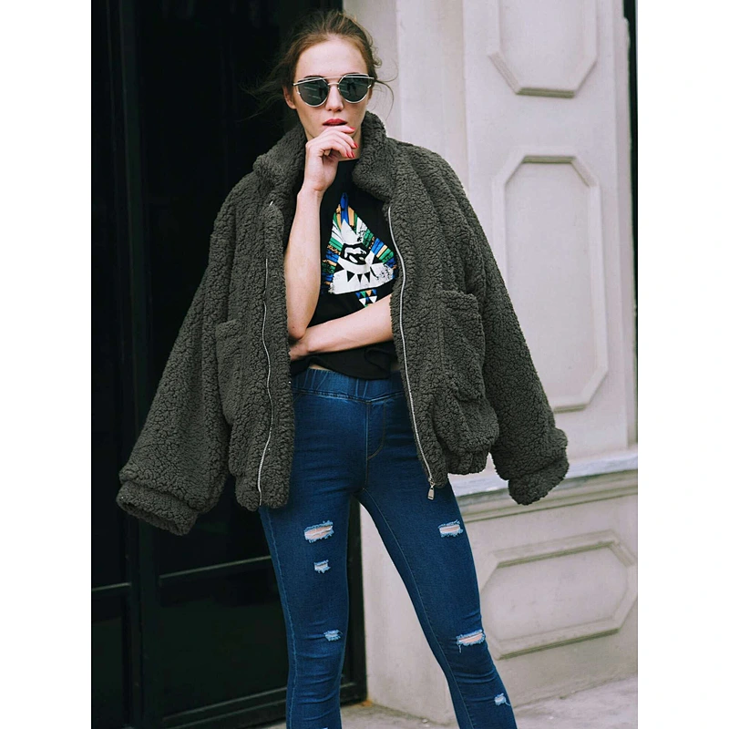 2021 Womens Zip Up Sweatshirt Turn-down Collar Drop Shoulder Sherpa fleece Jacket Pullover with Pockets