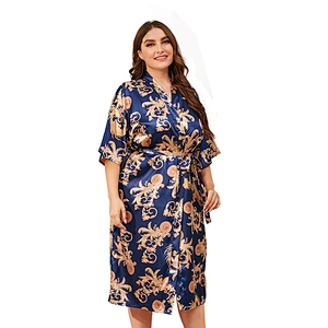 New Arrive Summer Satin Silk Women Robe Plus Size Printed Ice Silk Robe Long Pyjamas